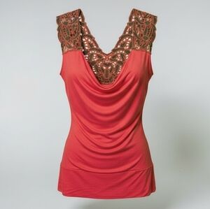 Lipstick Boutique Medium Coral Red Scoop Neck Tank with Black Lace Trim